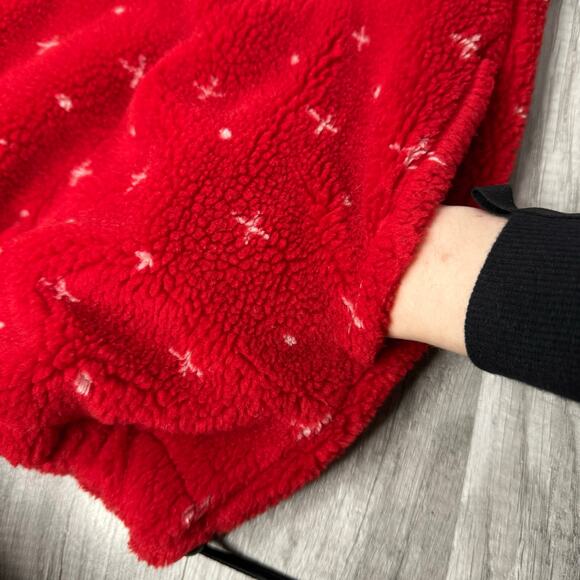 Vintage 90s Fleece Bomber Jacket Winter Landscape Tree Snowflake Red XL - Picture 7 of 8